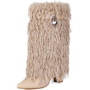 Women's Apricot Fold Over Faux Fur Mid Calf Boots Chunky Heel With Padlock